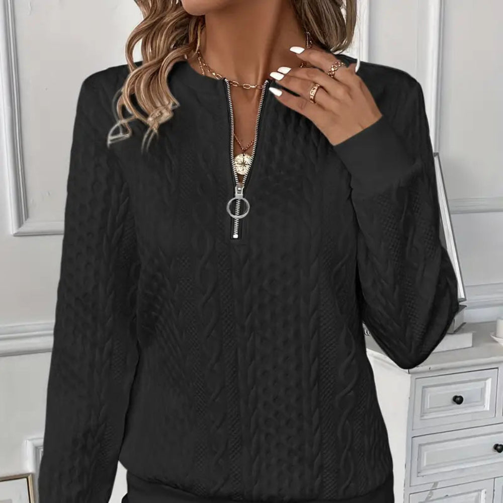 Women's Cable Knit Zip Up Long Sleeve Pullover Sweater - Fitted