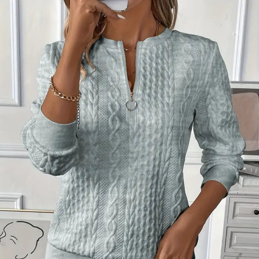 Women's Cable Knit Zip Up Long Sleeve Pullover Sweater - Fitted