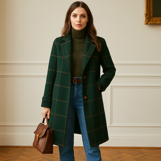 Women’s Classic Checked Wool Coat – Elegant Warm Overcoat