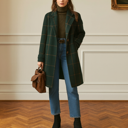 Women’s Classic Checked Wool Coat – Elegant Warm Overcoat
