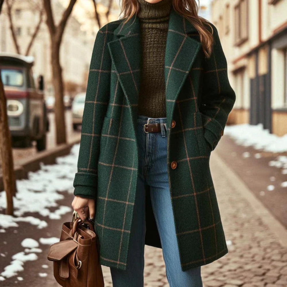 Women’s Classic Checked Wool Coat – Elegant Warm Overcoat