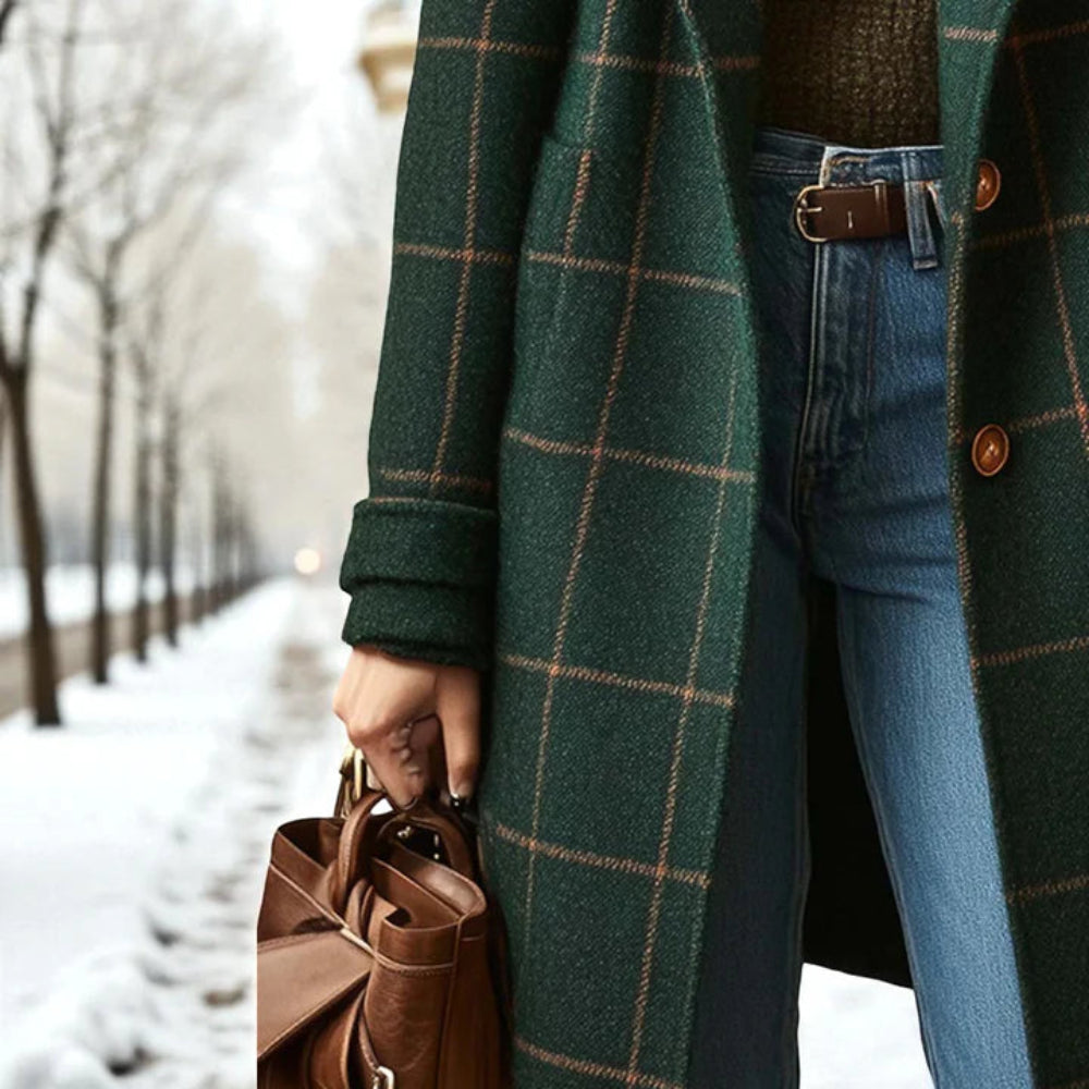 Women’s Classic Checked Wool Coat – Elegant Warm Overcoat