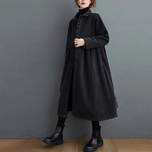 Women’s Corduroy Long Winter Overcoat Dress – Warm Vintage Midi