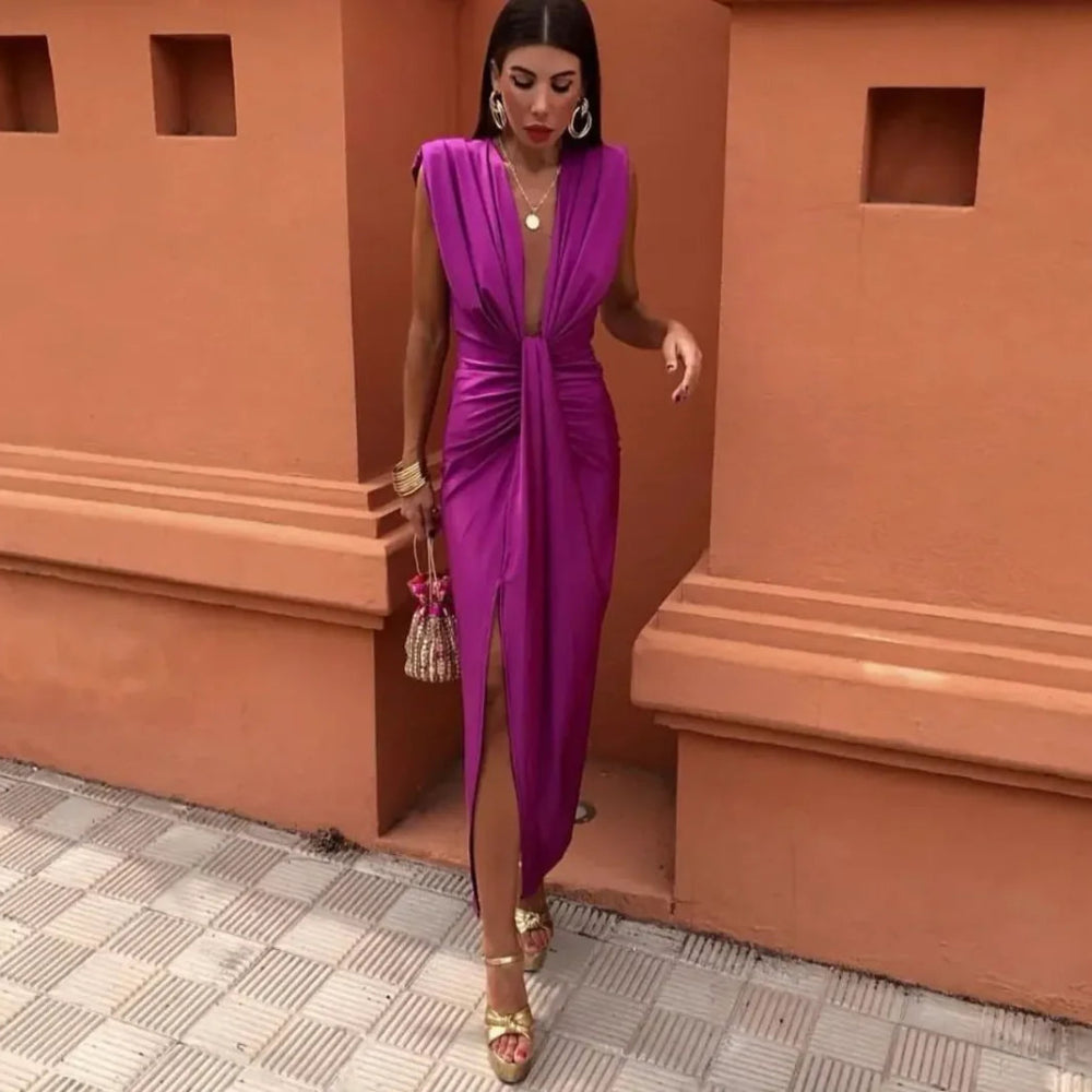 Women's Deep V Neck Evening Dress - Sleeveless Maxi