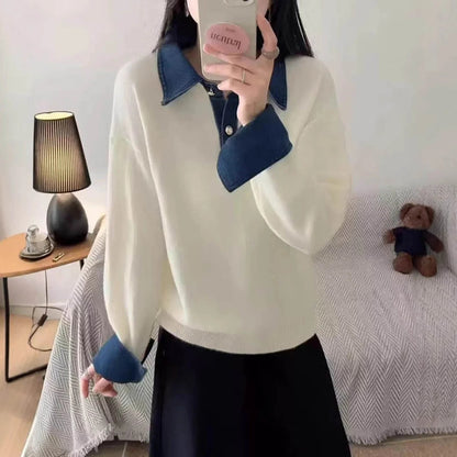 Women's Denim Collar Long Sleeve Contrast Sweater - Pullover