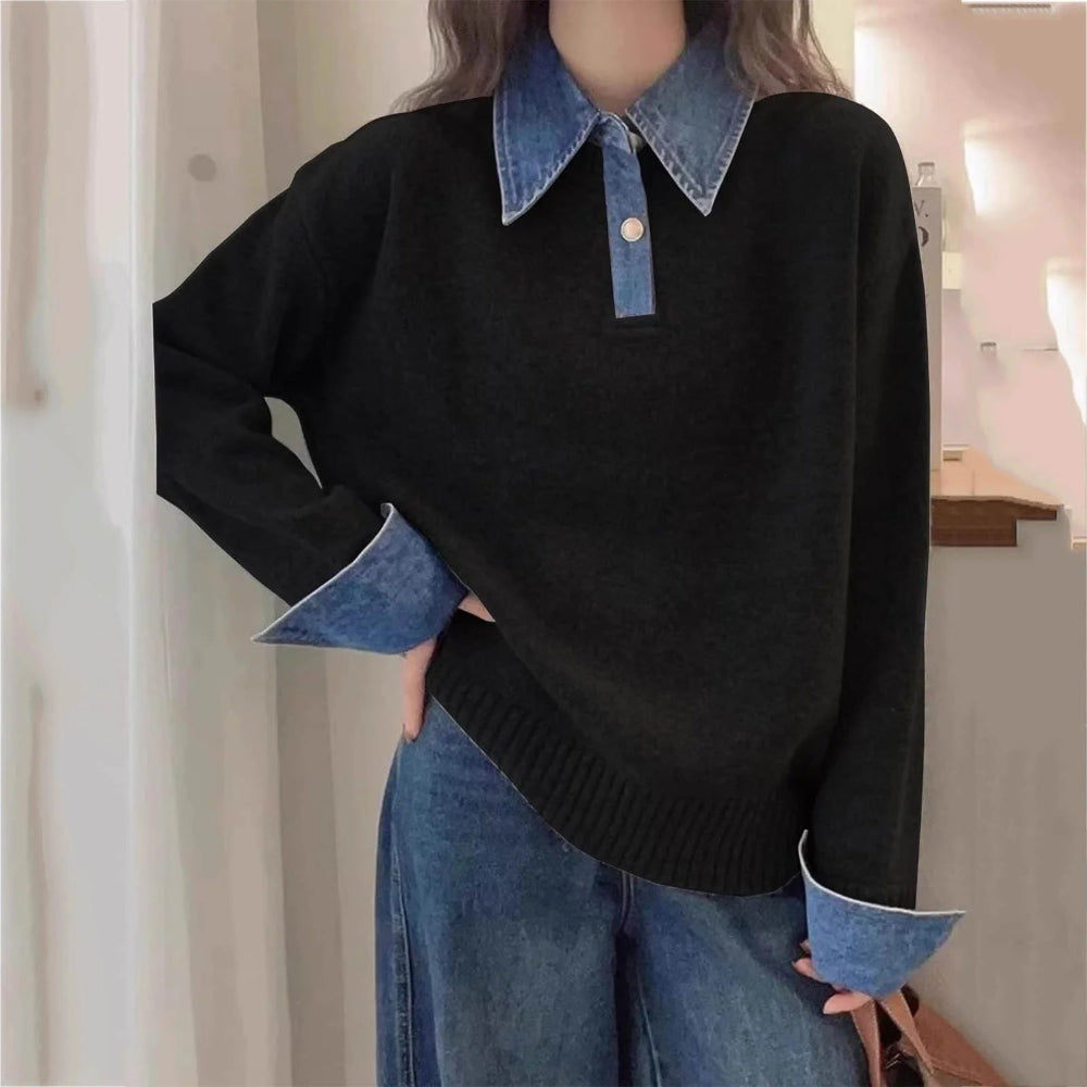 Women's Denim Collar Long Sleeve Contrast Sweater - Pullover