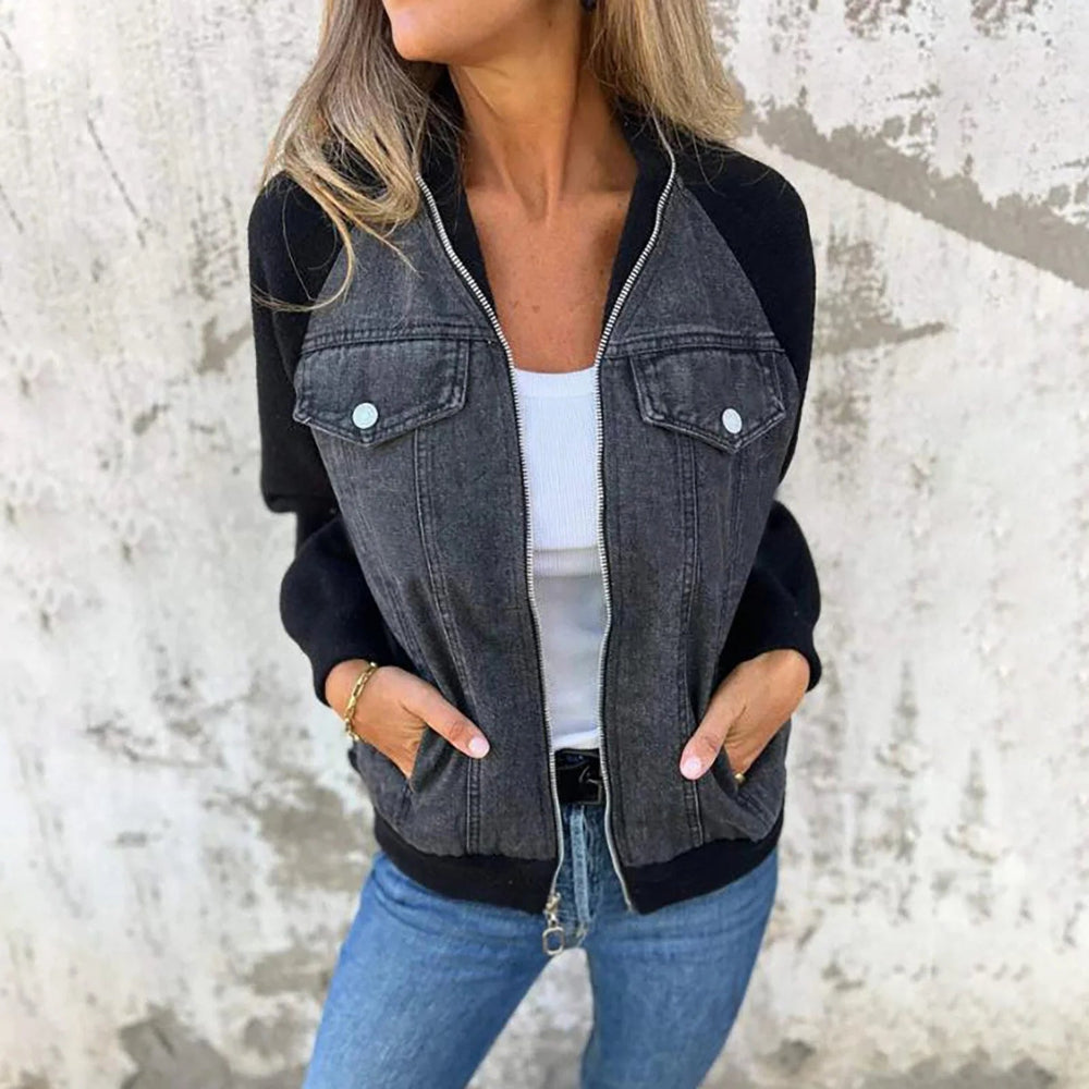 Women's Denim Sherpa Jacket - Mixed Material Bomber Style