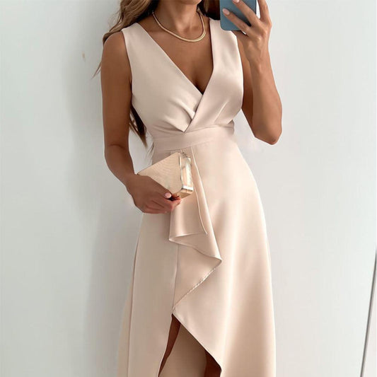 Women's Elegant Sleeveless Wrap Evening Dress - V-Neck Maxi