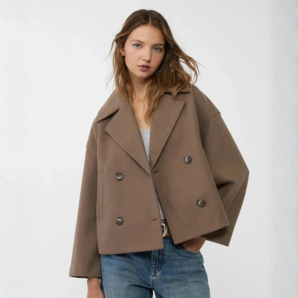 Women's Elegant Wool Short Coat - Double-Breasted Tailored