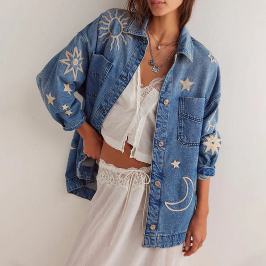 Women's Embroidered Denim Jacket - Oversized Boho Style