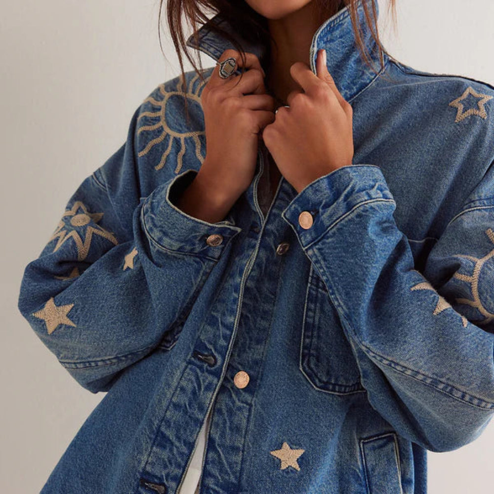 Women's Embroidered Denim Jacket - Oversized Boho Style