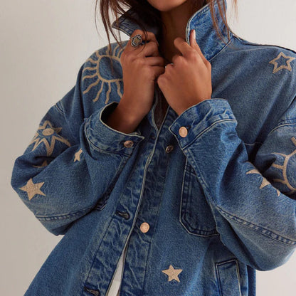 Women's Embroidered Denim Jacket - Oversized Boho Style