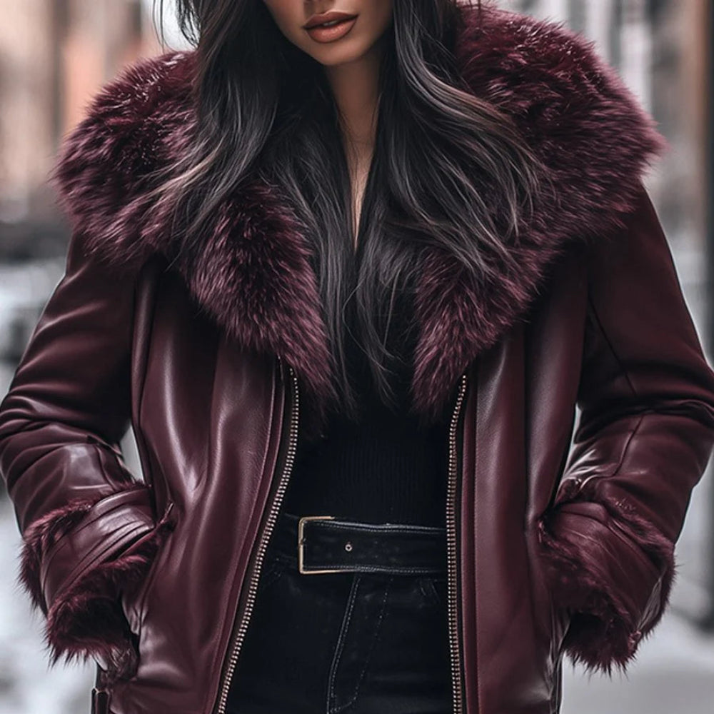 Women's Faux Leather Jacket - Fur Collar Zip Closure