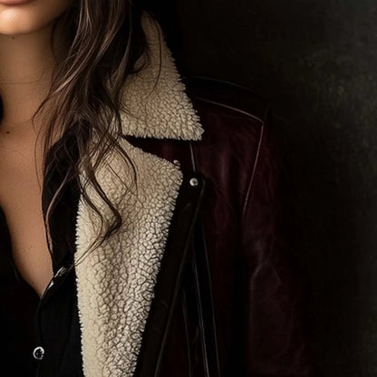 Women's Faux Leather Jacket - Fur Collar Zip Closure