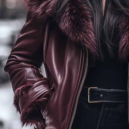 Women's Faux Leather Jacket - Fur Collar Zip Closure