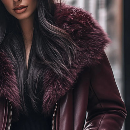 Women's Faux Leather Jacket - Fur Collar Zip Closure