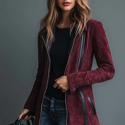 Women's Faux Leather Jacket - Fur Collar Zip Closure