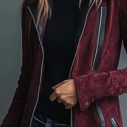 Women's Faux Leather Jacket - Fur Collar Zip Closure