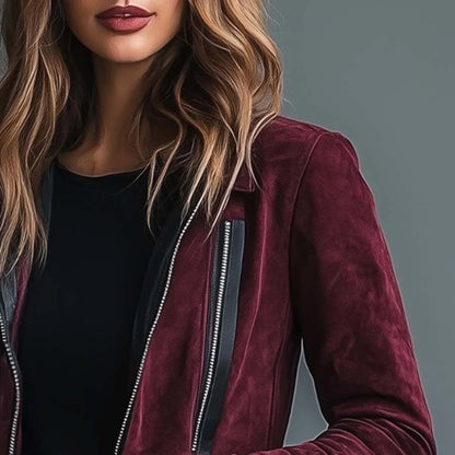 Women's Faux Leather Jacket - Fur Collar Zip Closure