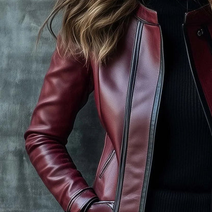 Women's Faux Leather Jacket - Fur Collar Zip Closure