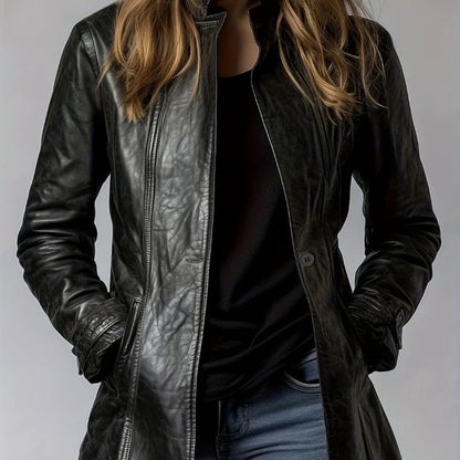Women's Fitted Leather Jacket - Long Sleeve Stylish
