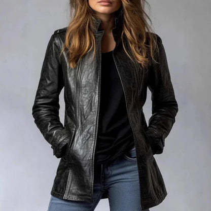 Women's Fitted Leather Jacket - Long Sleeve Stylish