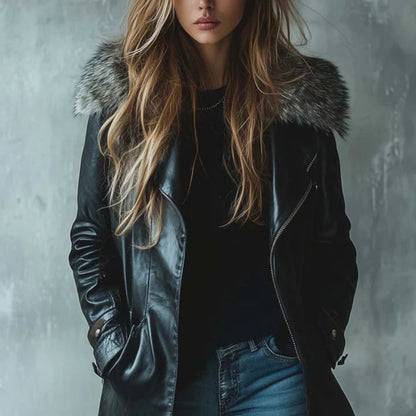 Women's Fitted Leather Jacket - Long Sleeve Stylish