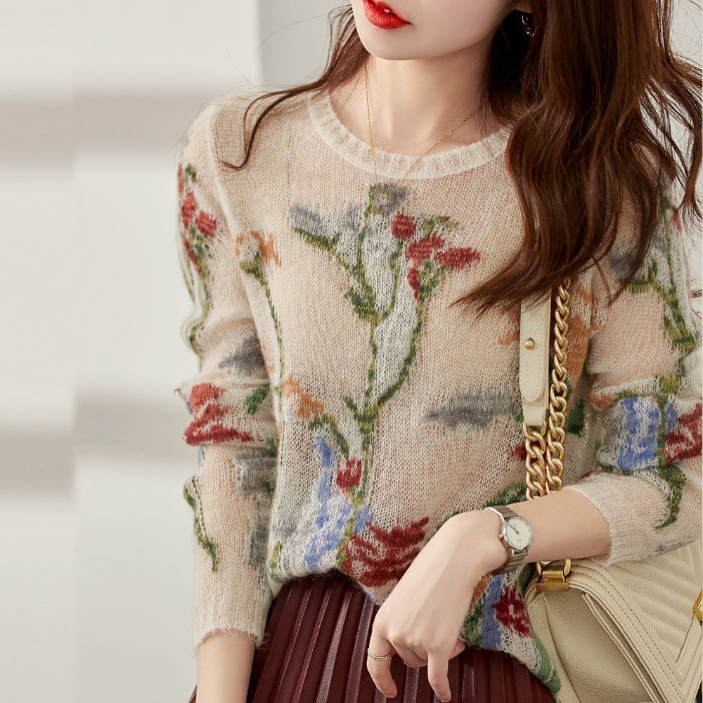Women's Floral Hollow Out Knit Sweater O-Neck Fashion 3