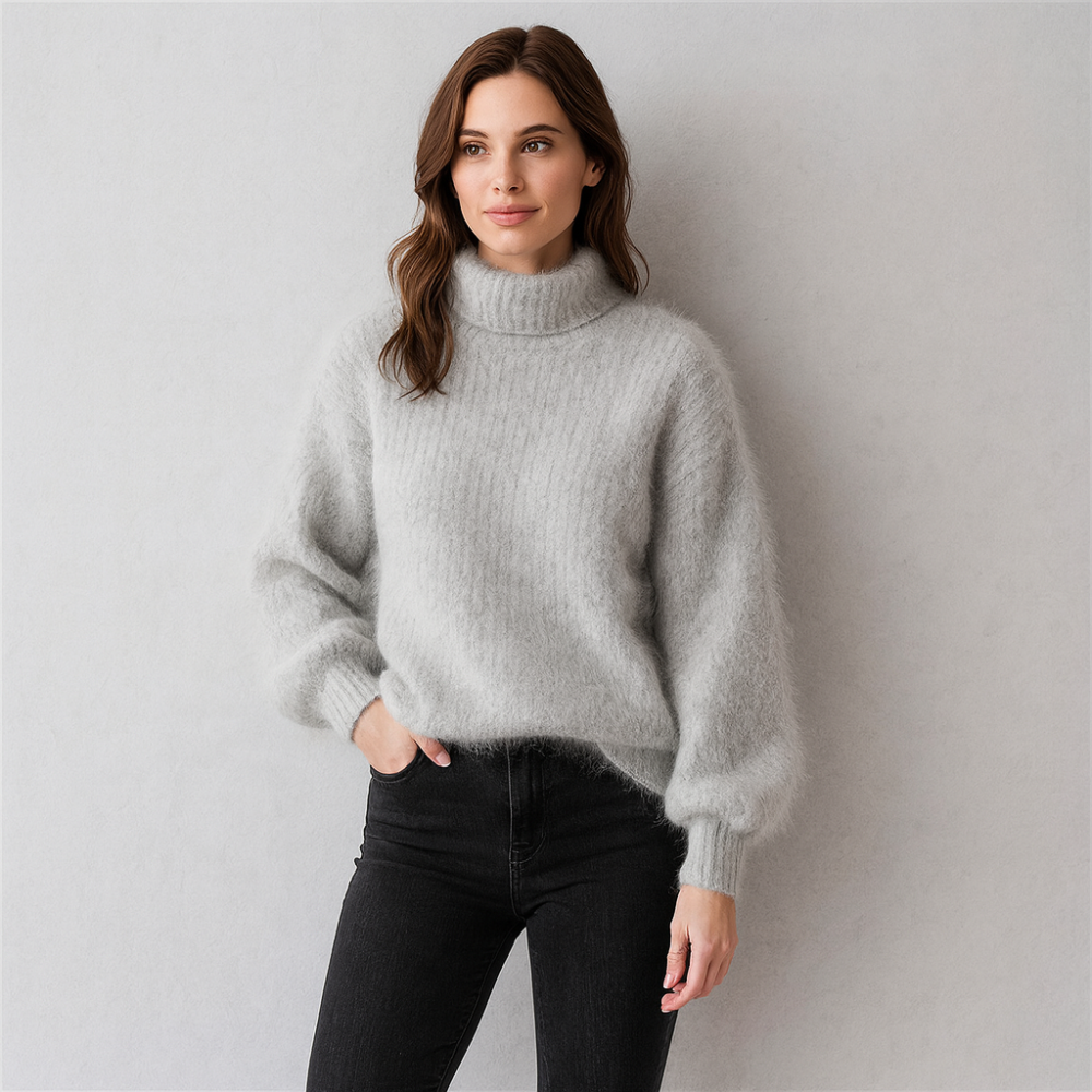 Women's Fluffy Turtleneck Sweater - Oversized Knit Pullover