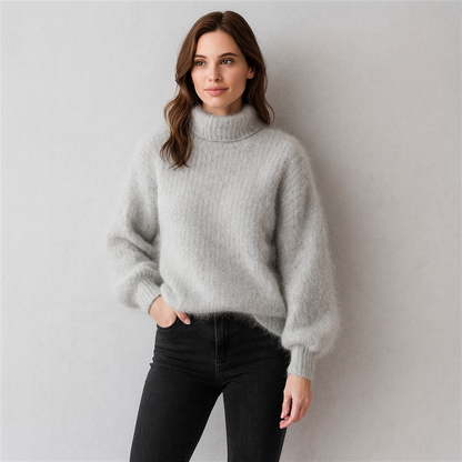 Women's Fluffy Turtleneck Sweater - Oversized Knit Pullover
