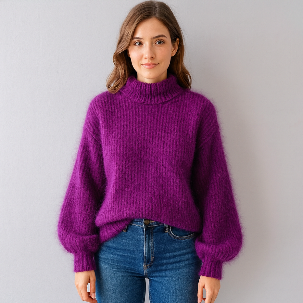 Women's Fluffy Turtleneck Sweater - Oversized Knit Pullover