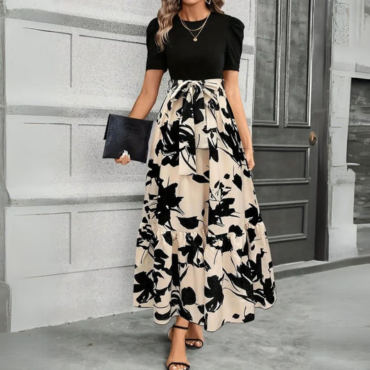 Women's Formal High Waisted Floral Dress Set - Short Sleeve