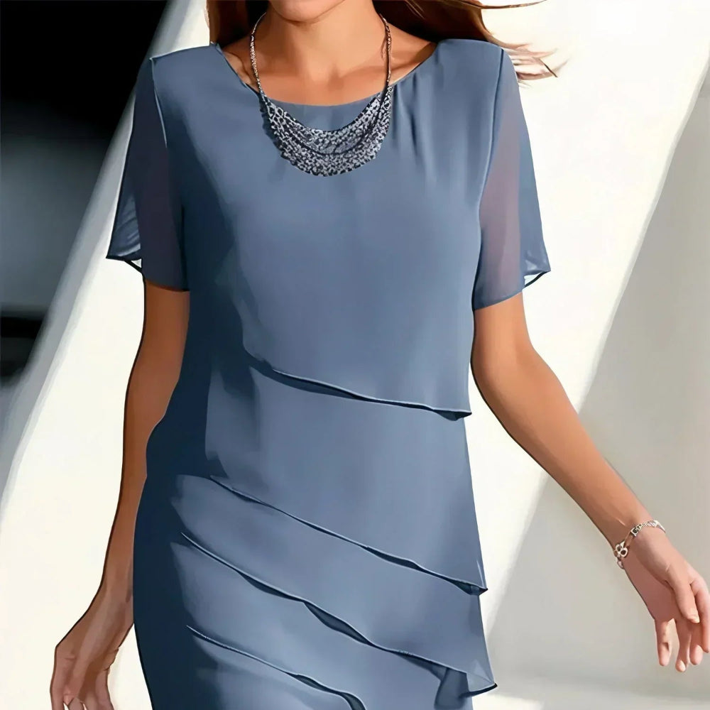 Women's Formal Tiered Cocktail Dress - Short Sleeve Midi