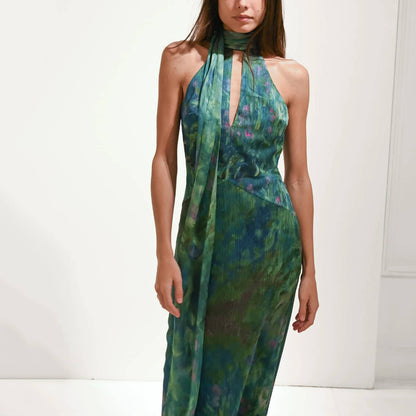 Women's Halter Keyhole Evening Dress - Bodycon Maxi