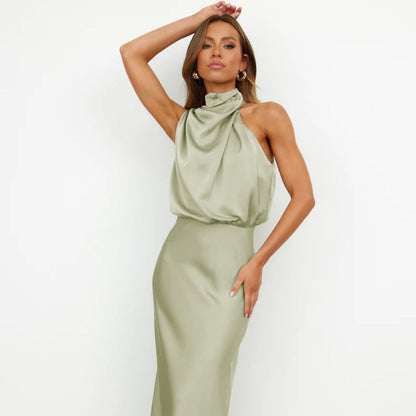 Women's Halter Neck Formal Dress - Sleeveless Midi