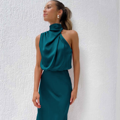 Women's Halter Neck Formal Dress - Sleeveless Midi