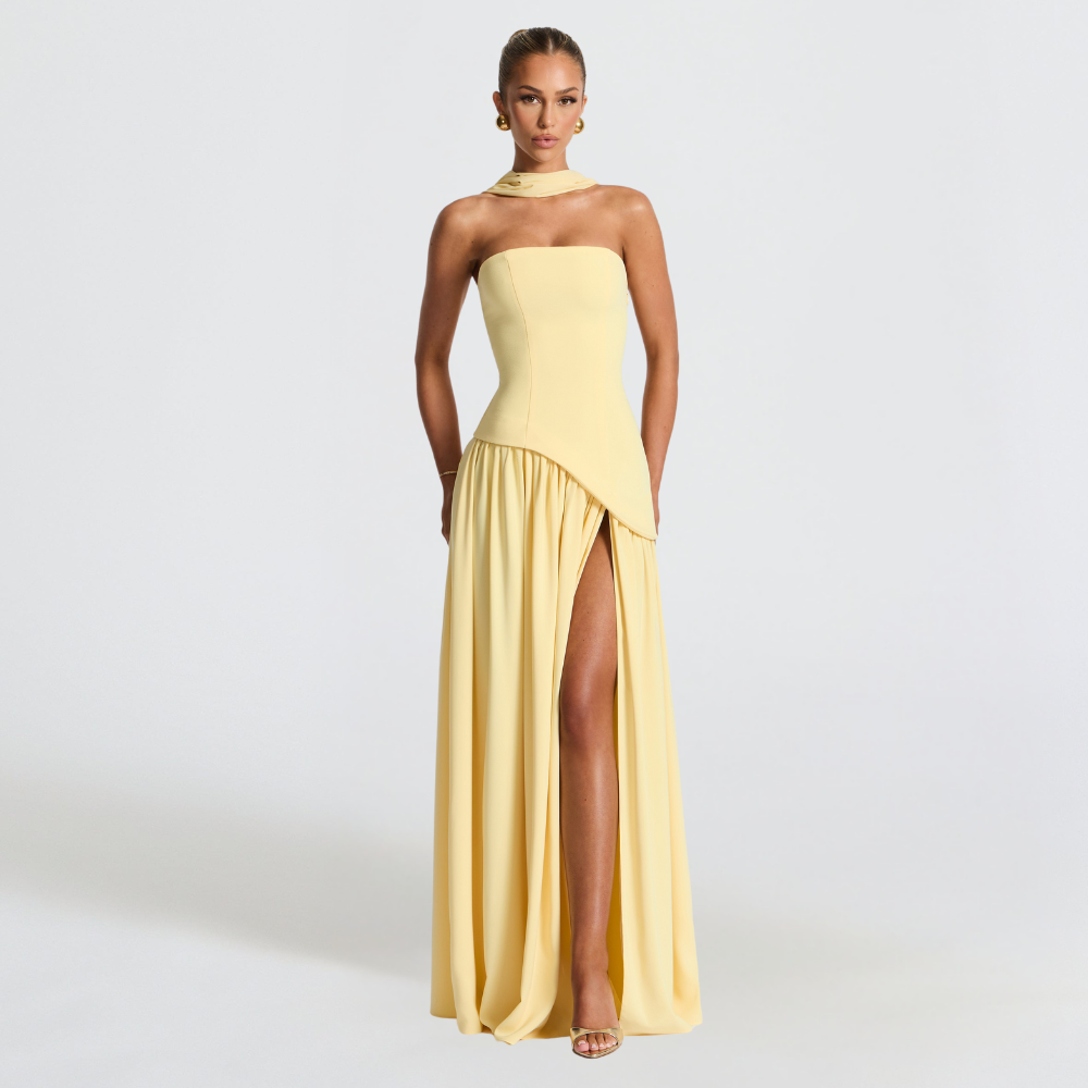 Women's High Neck Asymmetrical Cocktail Dress - Slit Maxi