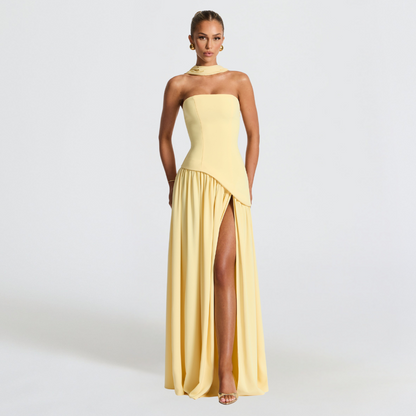 Women's High Neck Asymmetrical Cocktail Dress - Slit Maxi