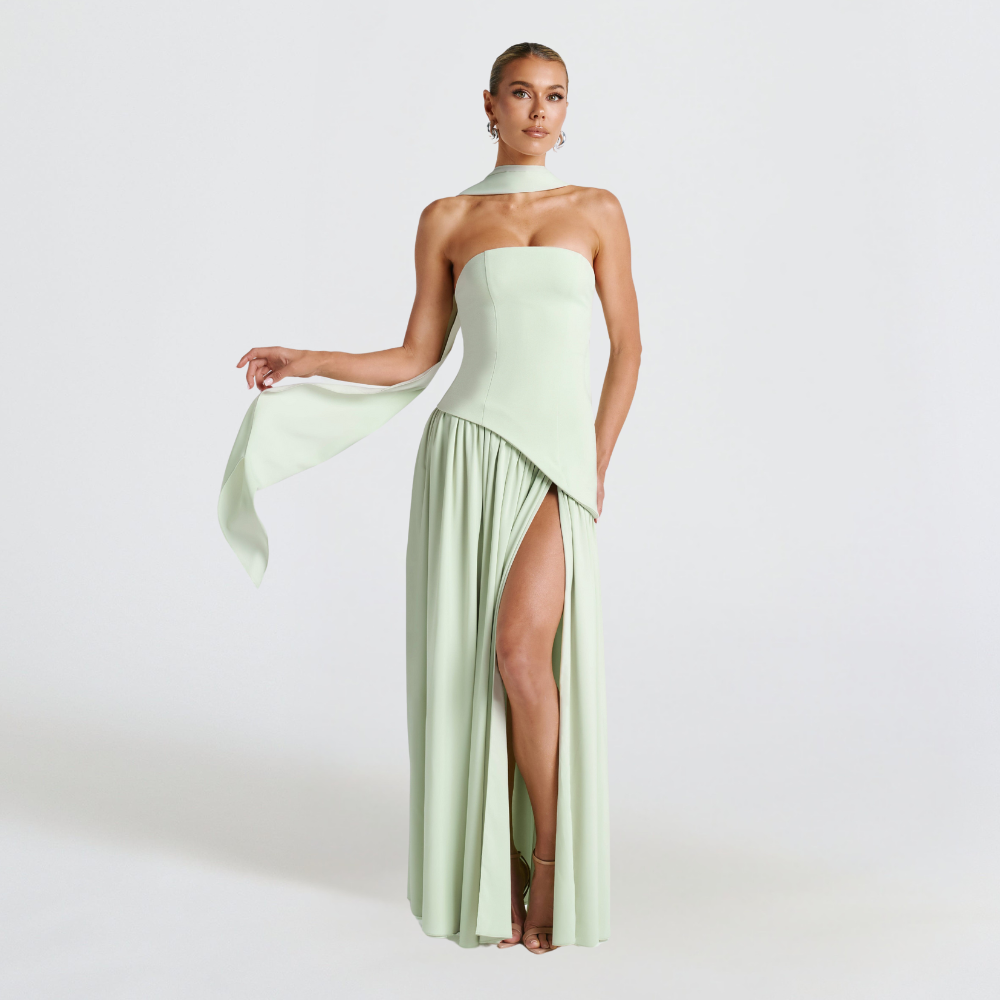 Women's High Neck Asymmetrical Cocktail Dress - Slit Maxi
