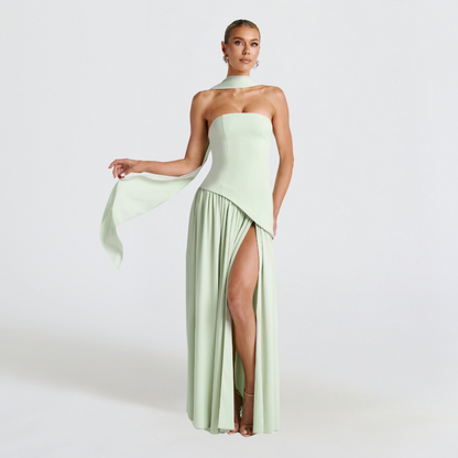 Women's High Neck Asymmetrical Cocktail Dress - Slit Maxi