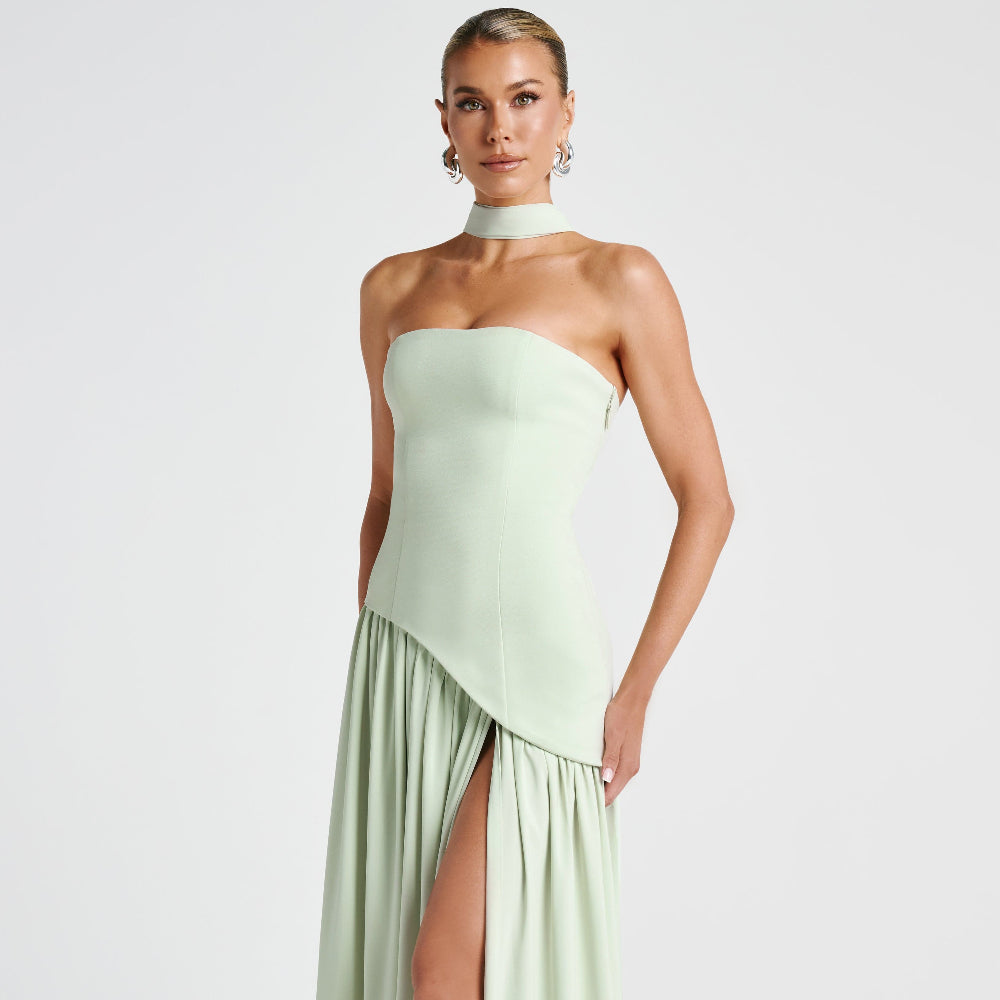 Women's High Neck Asymmetrical Cocktail Dress - Slit Maxi