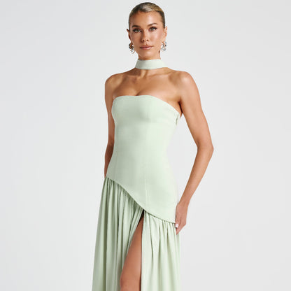 Women's High Neck Asymmetrical Cocktail Dress - Slit Maxi