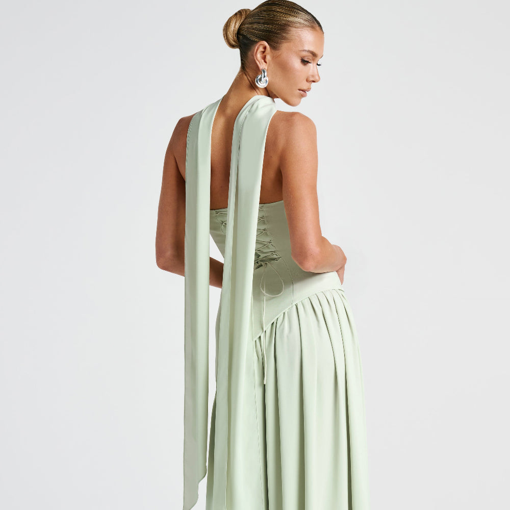Women's High Neck Asymmetrical Cocktail Dress - Slit Maxi