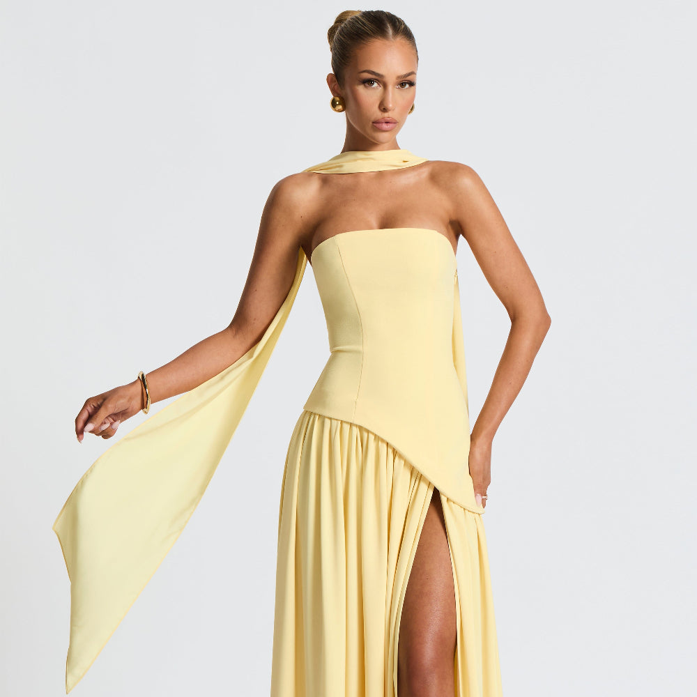 Women's High Neck Asymmetrical Cocktail Dress - Slit Maxi