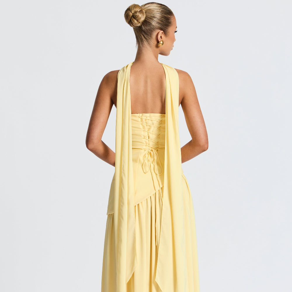 Women's High Neck Asymmetrical Cocktail Dress - Slit Maxi