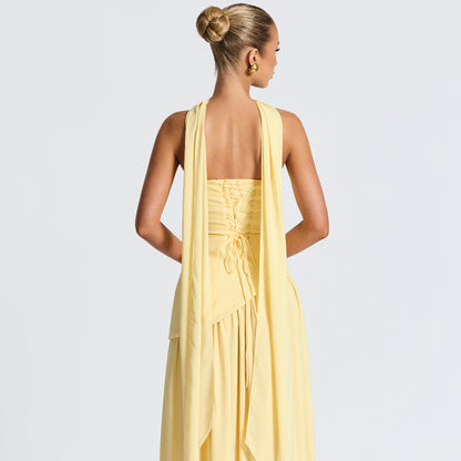 Women's High Neck Asymmetrical Cocktail Dress - Slit Maxi