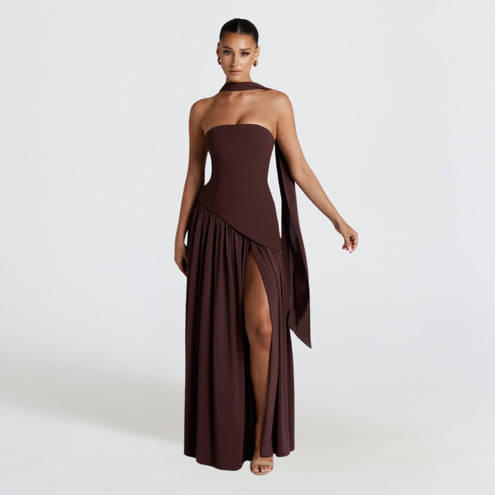 Women's High Neck Asymmetrical Cocktail Dress - Slit Maxi