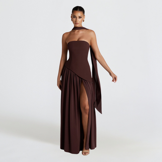 Women's High Neck Asymmetrical Cocktail Dress - Slit Maxi