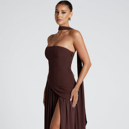 Women's High Neck Asymmetrical Cocktail Dress - Slit Maxi