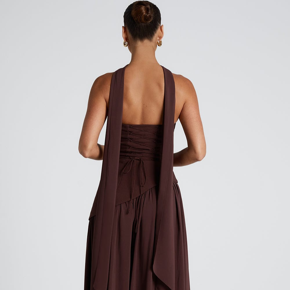 Women's High Neck Asymmetrical Cocktail Dress - Slit Maxi